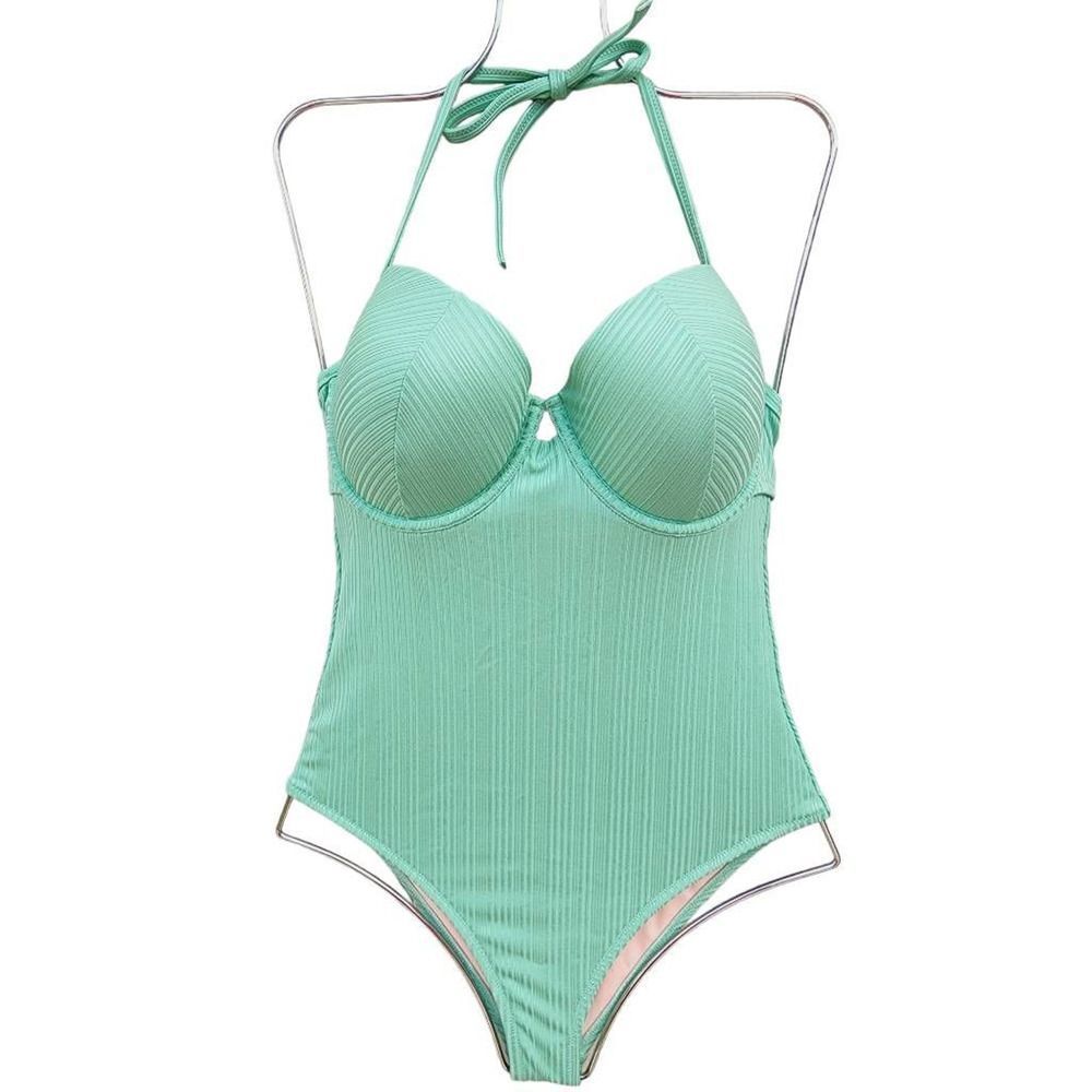 Shade & Shore Womens One Piece Swimsuit Green Cut Out Sweetheart Neck 34C